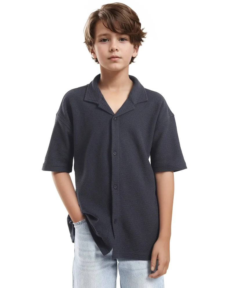 رير ونز Rare Ones Kids Colen Navy Jacquard Half Sleeves Cuban Collar Boxy Fit Shirt