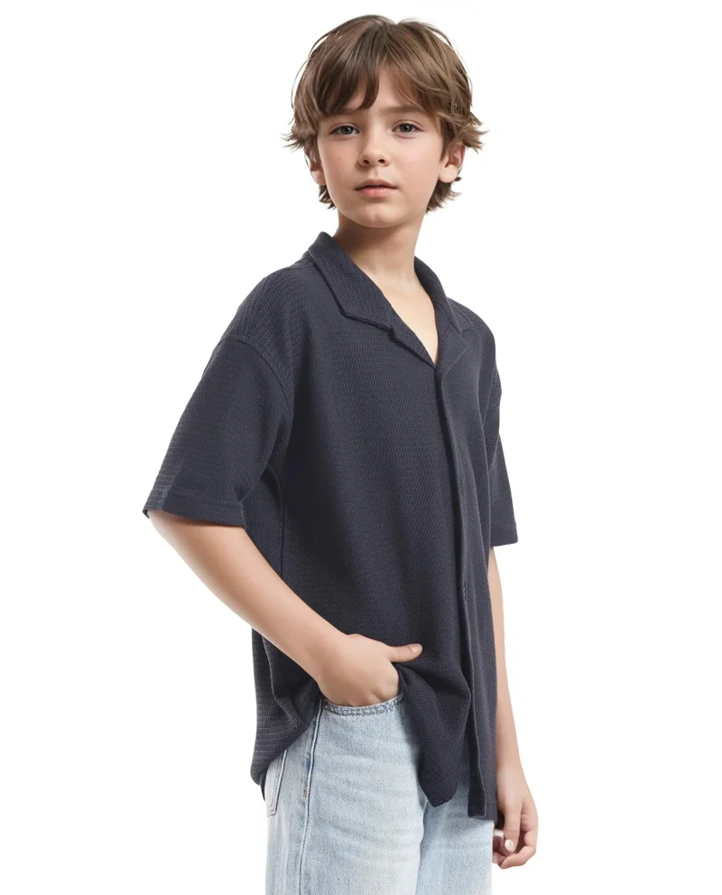 Rare Ones Rare Ones Kids Colen Navy Jacquard Half Sleeves Cuban Collar Boxy Fit Shirt