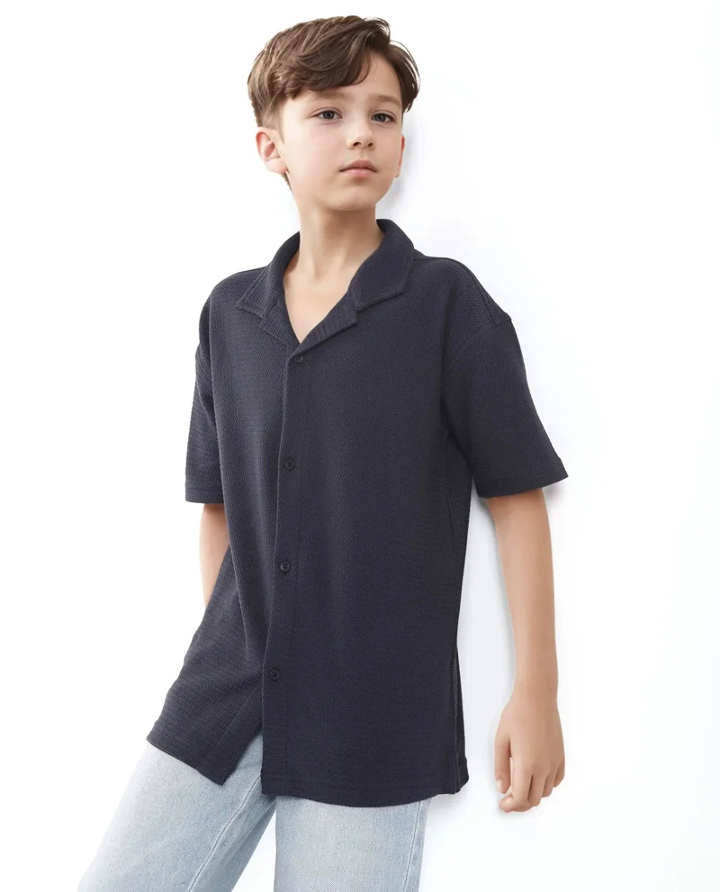 Rare Ones Rare Ones Kids Colen Navy Jacquard Half Sleeves Cuban Collar Boxy Fit Shirt