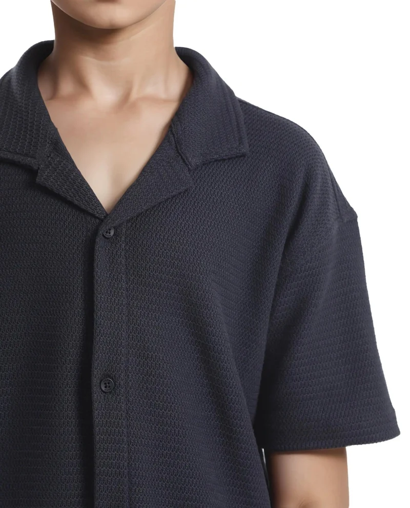 Rare Ones Rare Ones Kids Colen Navy Jacquard Half Sleeves Cuban Collar Boxy Fit Shirt