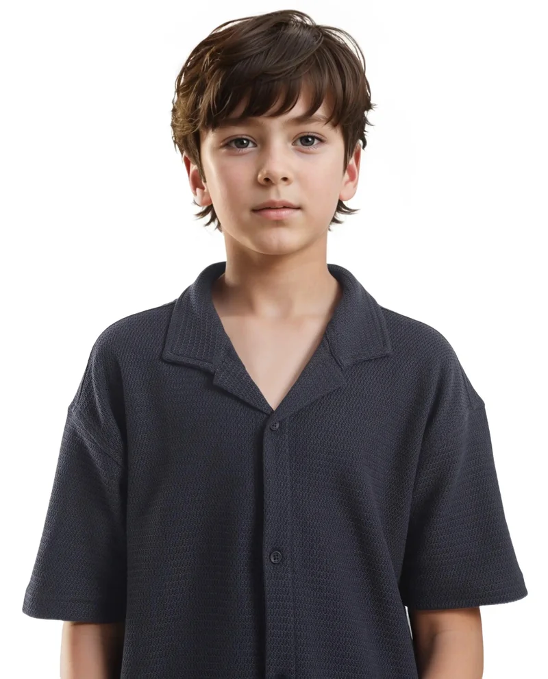 Rare Ones Rare Ones Kids Colen Navy Jacquard Half Sleeves Cuban Collar Boxy Fit Shirt