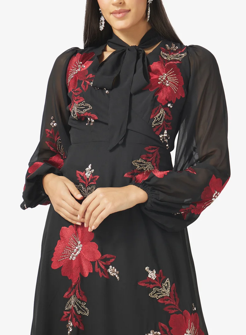 Maya  Wrap Tie Neck Embroidered Beaded Maxi Dress for Women | Best Price UAE