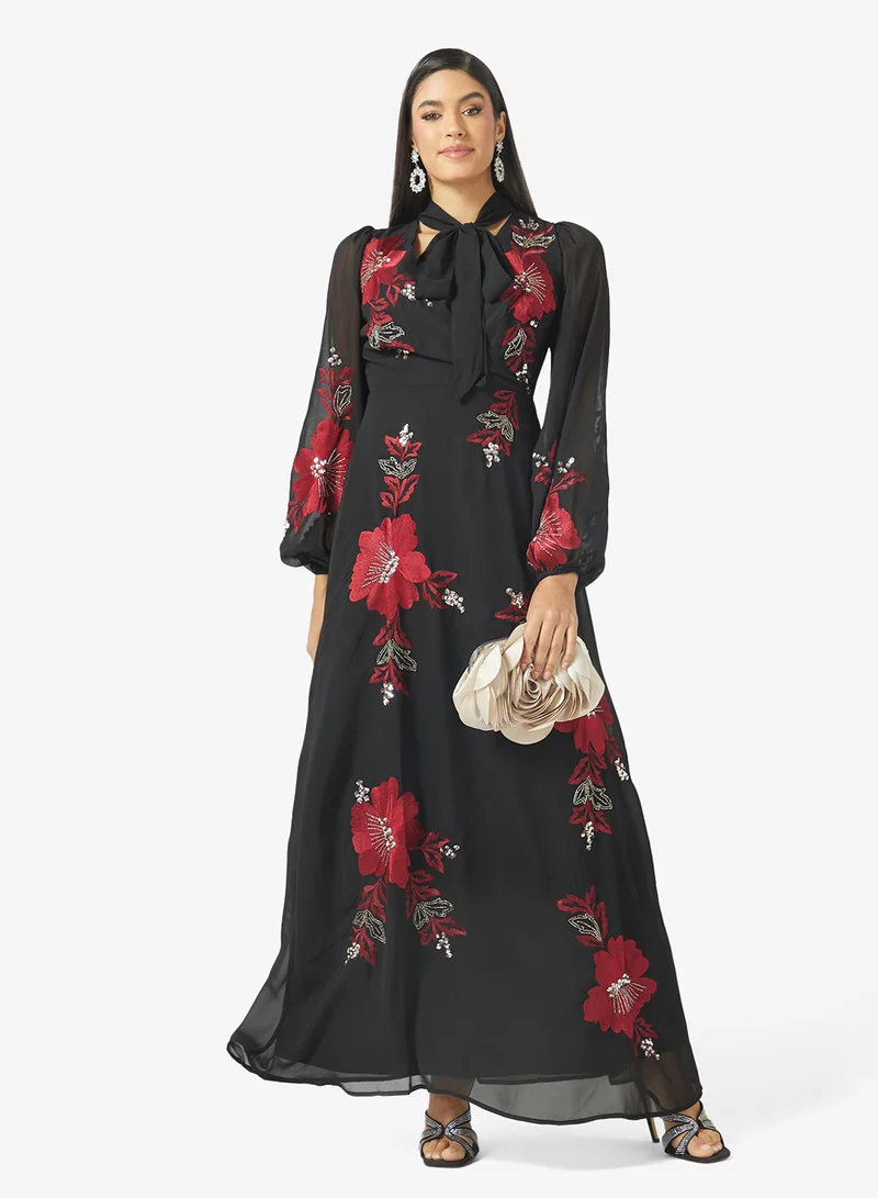 Maya  Wrap Tie Neck Embroidered Beaded Maxi Dress for Women | Best Price UAE