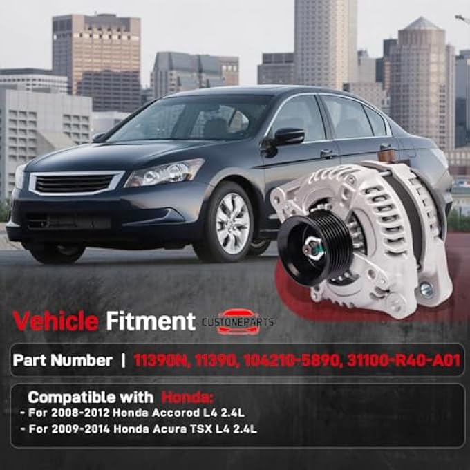 CUSTONEPARTS Alternator 130A 12V CW 7-Groove FIT 20082012 Honda Accord 2.4L; FIT 20092014 Acura TSX 2.4L Replaces 11390N, 11390, 104210-5890, 31100-R40-A01 - Image 2