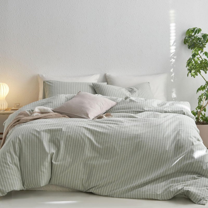 مجموعة غطاء لحاف مو ميم مخطط 100 قطن مغسول مثل القماش القطني المنسوج القابل للتنفس والمتين والناعم والمريح باللون الأخضر المريمي والأبيض بخطوط عريضة حجم كوين 90x90