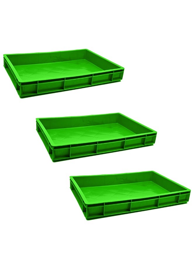 Ethic Solutions 3pcs of Plastic Storage Catering Closed Crate Box 600×400×80 mm 19L Stackable Heavy Duty Reinforced Walls Anti-Slip Base for Home Industrial Commercial Delivery - Green
