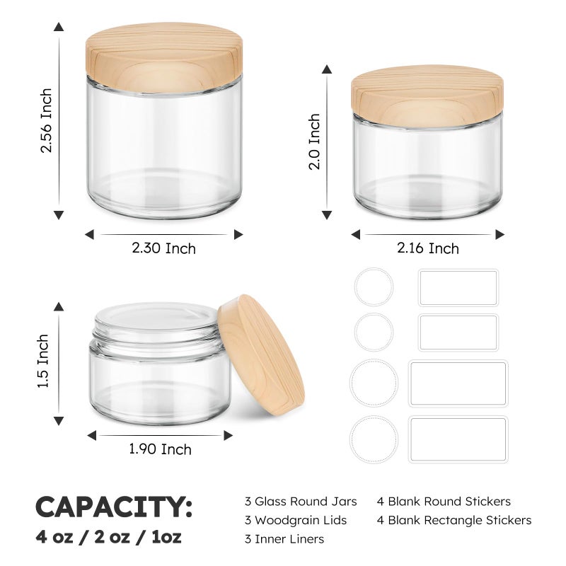 Tecohouse Glass Cosmetic Jars with Plastic Woodgrain Lids, 4 oz, 2 oz 1 oz Small Glass Storage Jars with Lids & Stickers, Reusable Clear Travel Containers for Creams, Lotion, Balms, Ointment 3 pack - Image 3
