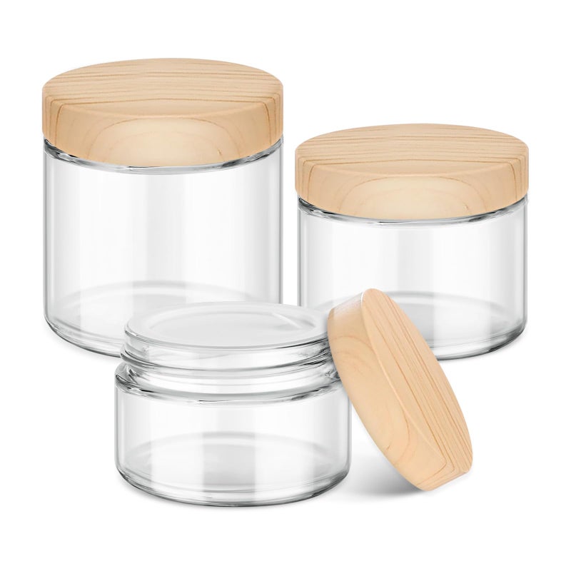 Tecohouse Glass Cosmetic Jars with Plastic Woodgrain Lids, 4 oz, 2 oz 1 oz Small Glass Storage Jars with Lids & Stickers, Reusable Clear Travel Containers for Creams, Lotion, Balms, Ointment 3 pack - Image 1
