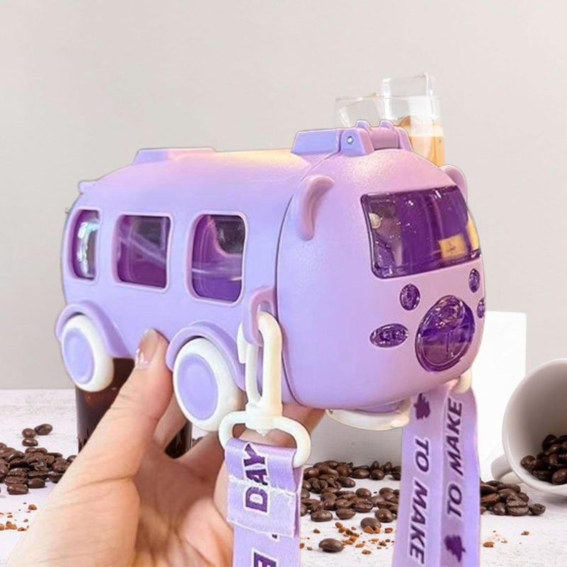 Grofilo Kids BusShaped Water Cup 500ml Detachable LeakProof Plastic Drinking Bottle with Shoulder Strap Purple - Image 2