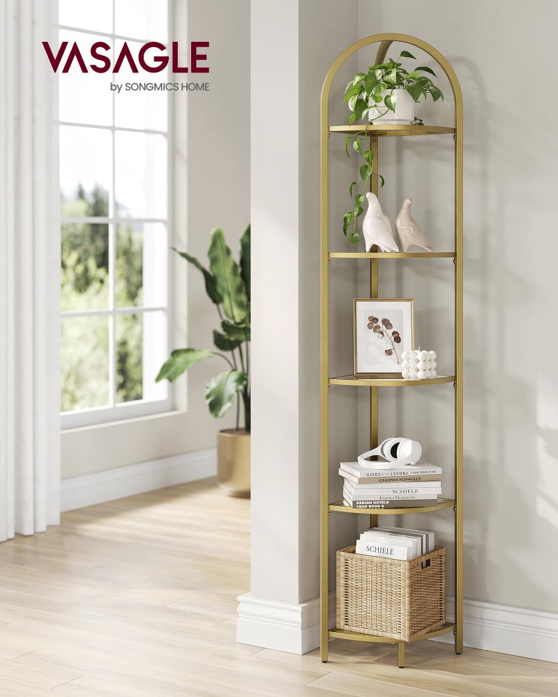 VASAGLE 5-Tier Corner Shelf Stand, Corner Bookshelf, Bathroom Organizer, Plant Stand, Tempered Glass, Steel Frame, Modern Style, for Living Room, Bathroom, Kitchen, Metallic Gold ULGT810A01 - Image 3