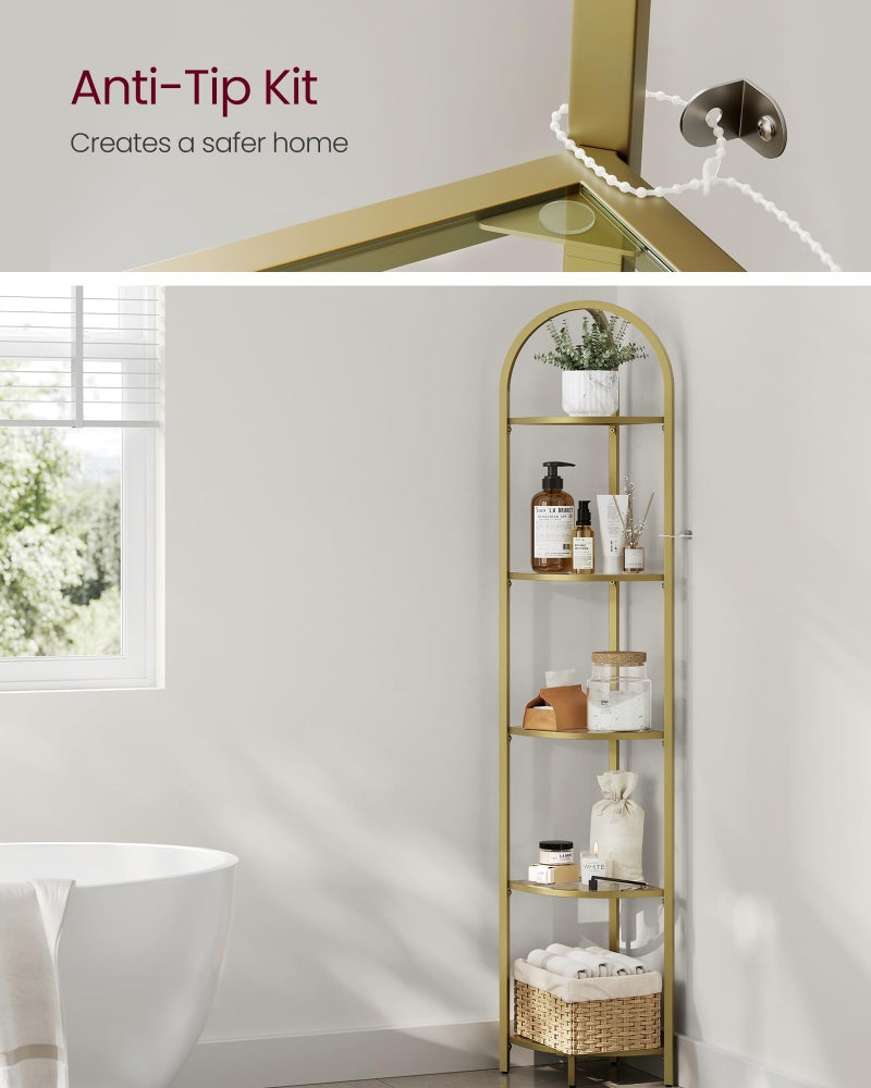 VASAGLE 5-Tier Corner Shelf Stand, Corner Bookshelf, Bathroom Organizer, Plant Stand, Tempered Glass, Steel Frame, Modern Style, for Living Room, Bathroom, Kitchen, Metallic Gold ULGT810A01 - Image 5