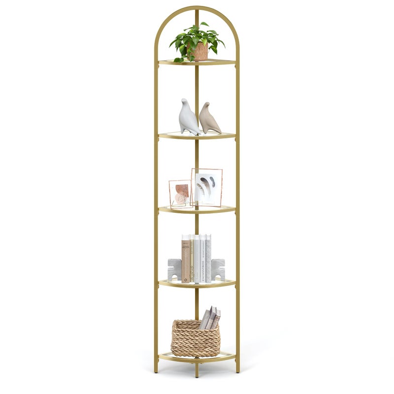 VASAGLE 5-Tier Corner Shelf Stand, Corner Bookshelf, Bathroom Organizer, Plant Stand, Tempered Glass, Steel Frame, Modern Style, for Living Room, Bathroom, Kitchen, Metallic Gold ULGT810A01 - Image 1