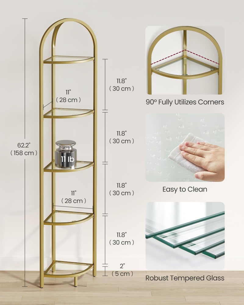 VASAGLE 5-Tier Corner Shelf Stand, Corner Bookshelf, Bathroom Organizer, Plant Stand, Tempered Glass, Steel Frame, Modern Style, for Living Room, Bathroom, Kitchen, Metallic Gold ULGT810A01 - Image 2