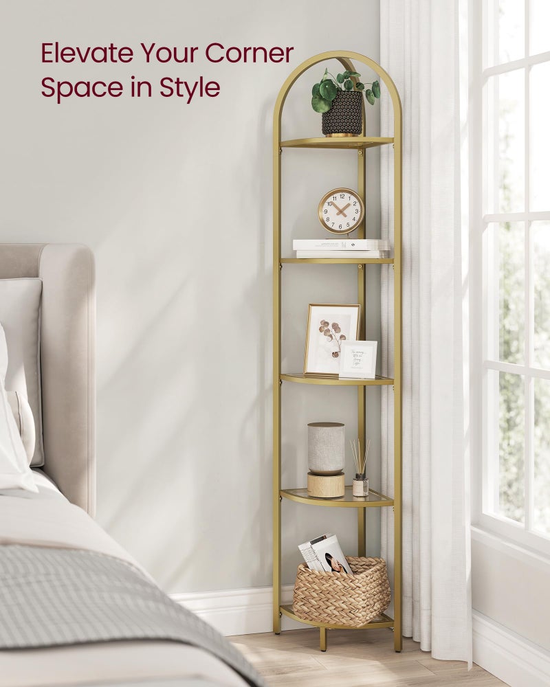 VASAGLE 5-Tier Corner Shelf Stand, Corner Bookshelf, Bathroom Organizer, Plant Stand, Tempered Glass, Steel Frame, Modern Style, for Living Room, Bathroom, Kitchen, Metallic Gold ULGT810A01 - Image 4