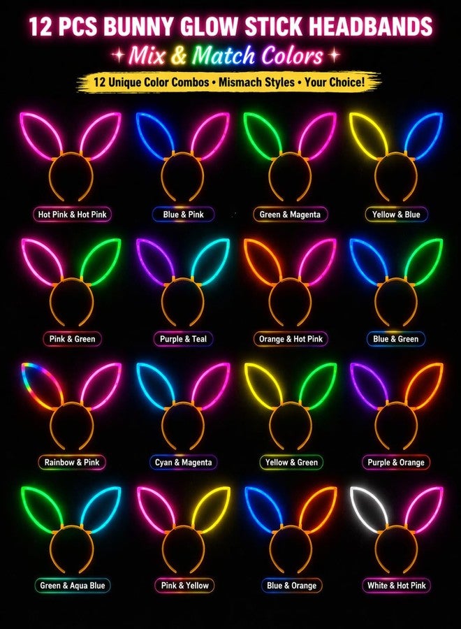 GiftExpress Easter Glow Stick Bunny Ear Headbands, 12 Pack Assorted Colors, Glow Party Headwear for Kids, Teens & Adults, Bunny Ears for Egg Hunts, Night Events, Classroom Parties & Photo Booth Props - Image 2