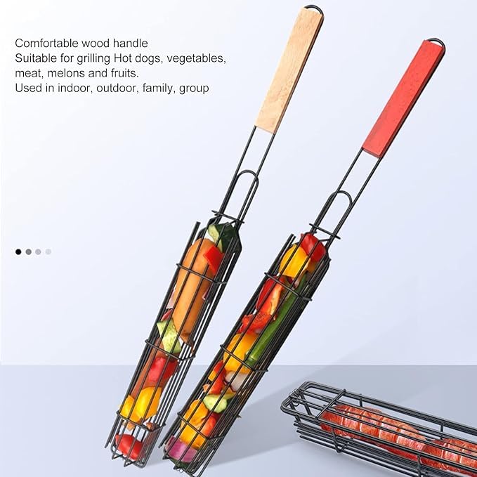 REPLEX Nonstick BBQ Kabob Grilling Basket,Roasting Grill Net,Stainless Steel Mesh Barbecue,Rotisserie Basket,Hotdog Vegetables Shrimps Meats Roasting Basket with Wooden Handle(pack of 1) - Image 2