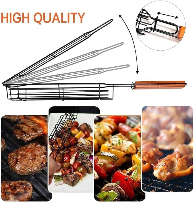 REPLEX Nonstick BBQ Kabob Grilling Basket,Roasting Grill Net,Stainless Steel Mesh Barbecue,Rotisserie Basket,Hotdog Vegetables Shrimps Meats Roasting Basket with Wooden Handle(pack of 1) - Image 5