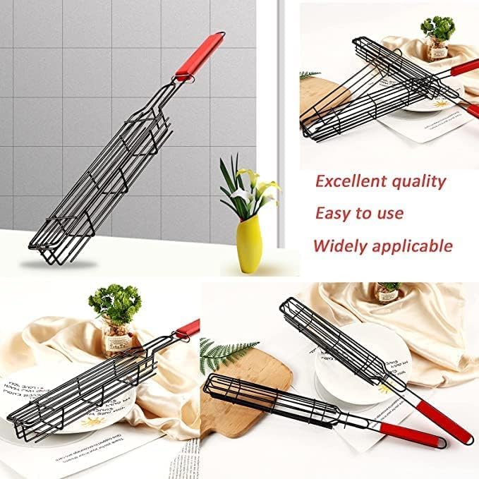 REPLEX Nonstick BBQ Kabob Grilling Basket,Roasting Grill Net,Stainless Steel Mesh Barbecue,Rotisserie Basket,Hotdog Vegetables Shrimps Meats Roasting Basket with Wooden Handle(pack of 1) - Image 3