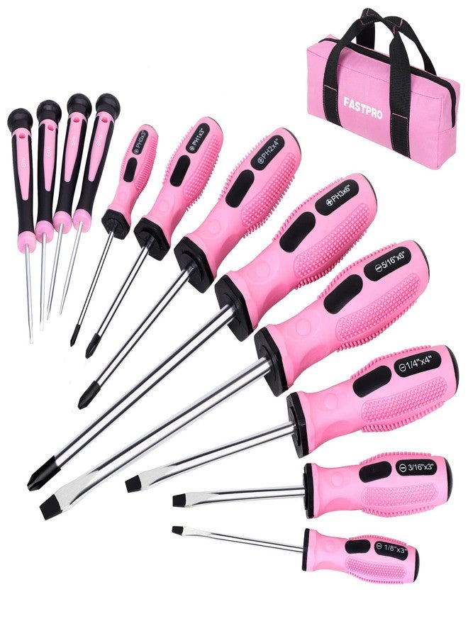 FASTPRO 12-Piece Pink Magnetic Screwdrivers Set with Slotted Phillips Screwdrivers and Precision Screwdrivers, Repair Tool Kit for Women with Storage Bag - Image 1