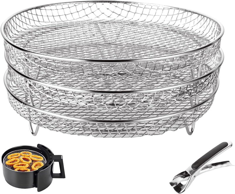 SENENQU Round Air Fryer Rack Compatible with Ninja, Three Layers Stackable Air Fryer Accessories, Stainless Steel Air Fryer Basket Dehydrator Rack Toast Rack Fit for 4.8L – 6.6L Air Fryer - Image 1
