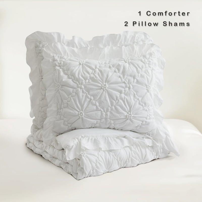 BEDAZZLED Queen Size Comforter Sets, White Bedding Comforter Set, 3 Pieces Pinch Pleat Bedding Sets with Comforter and Pillowcases Soft Farmhouse Shabby Chic Comforter for All Season - Image 3
