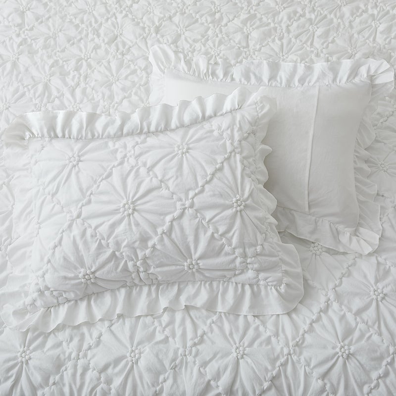 BEDAZZLED Queen Size Comforter Sets, White Bedding Comforter Set, 3 Pieces Pinch Pleat Bedding Sets with Comforter and Pillowcases Soft Farmhouse Shabby Chic Comforter for All Season - Image 4