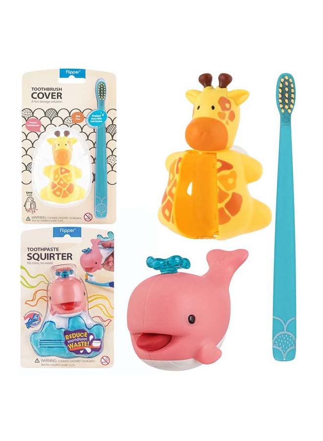 Flipper Pack Of 3 Toothbrush Cover And Toothbrush, Toothpaste Squirter - Image 1