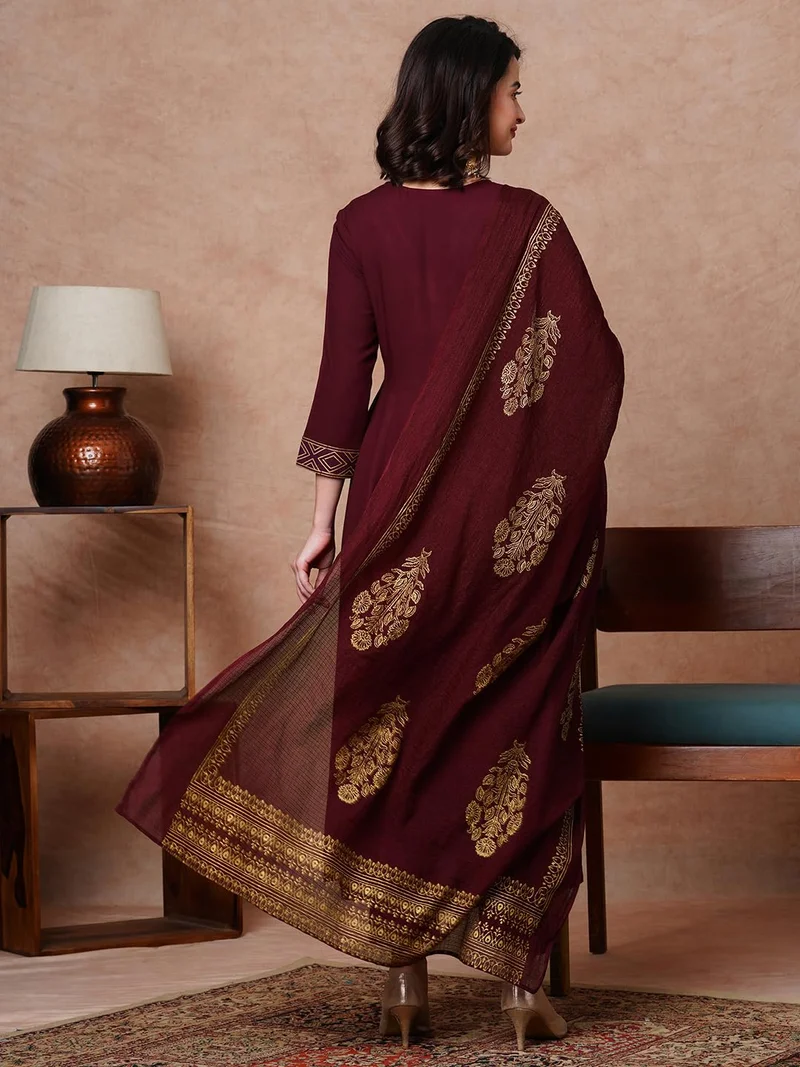 GoSriKi Women's Rayon Blend Solid Anarkali Kurta with Pant & Dupatta Wine