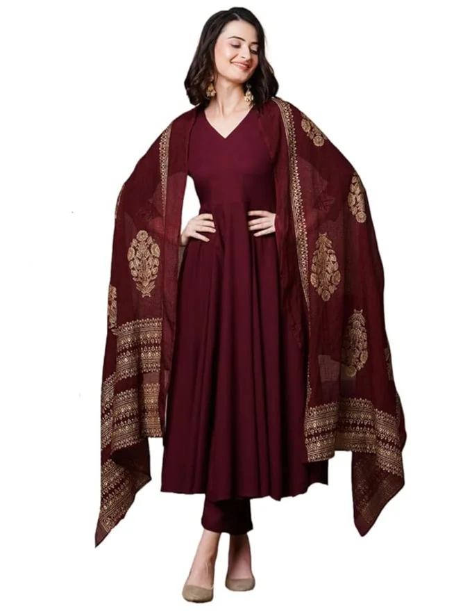 GoSriKi Women's Rayon Blend Solid Anarkali Kurta with Pant & Dupatta (MAGIC-WINE-NDM-GS_4XL_Wine_XXXX-Large)