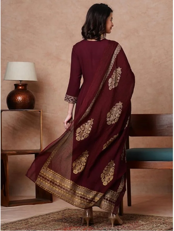 GoSriKi Wine GoSriKi Women's Rayon Blend Solid Anarkali Kurta with Pant & Dupatta (MAGIC-WINE-NDM-GS_4XL_Wine_XXXX-Large) for Women | Best Price UAE