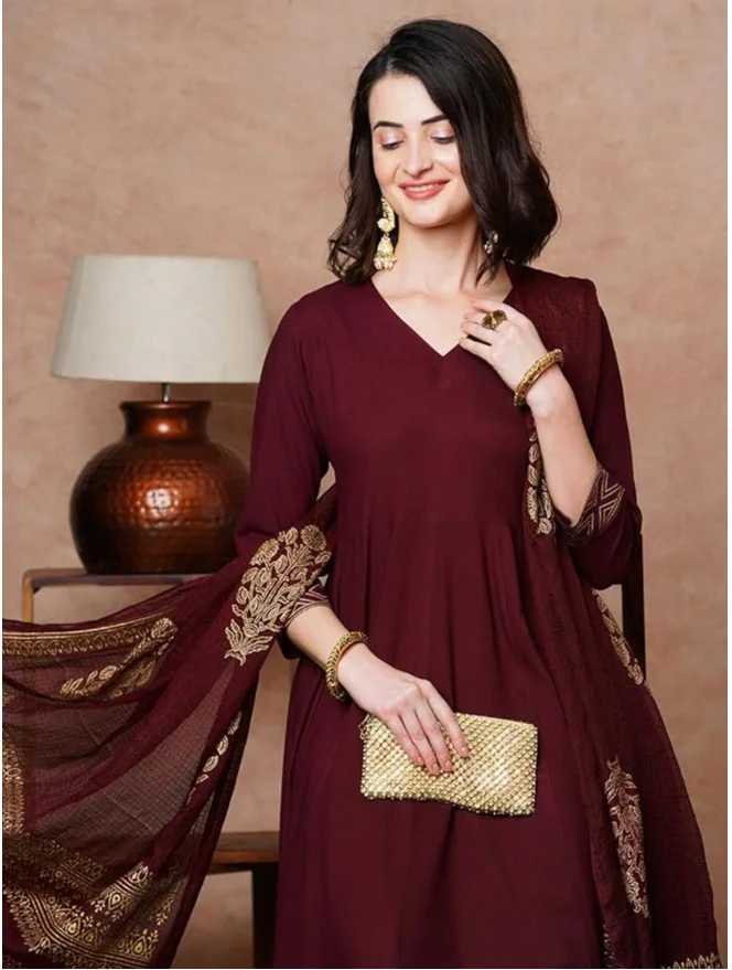 GoSriKi Wine GoSriKi Women's Rayon Blend Solid Anarkali Kurta with Pant & Dupatta (MAGIC-WINE-NDM-GS_4XL_Wine_XXXX-Large) for Women | Best Price UAE