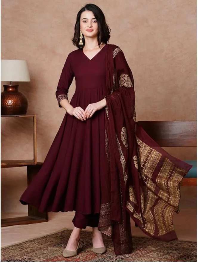 GoSriKi Wine GoSriKi Women's Rayon Blend Solid Anarkali Kurta with Pant & Dupatta (MAGIC-WINE-NDM-GS_4XL_Wine_XXXX-Large) for Women | Best Price UAE