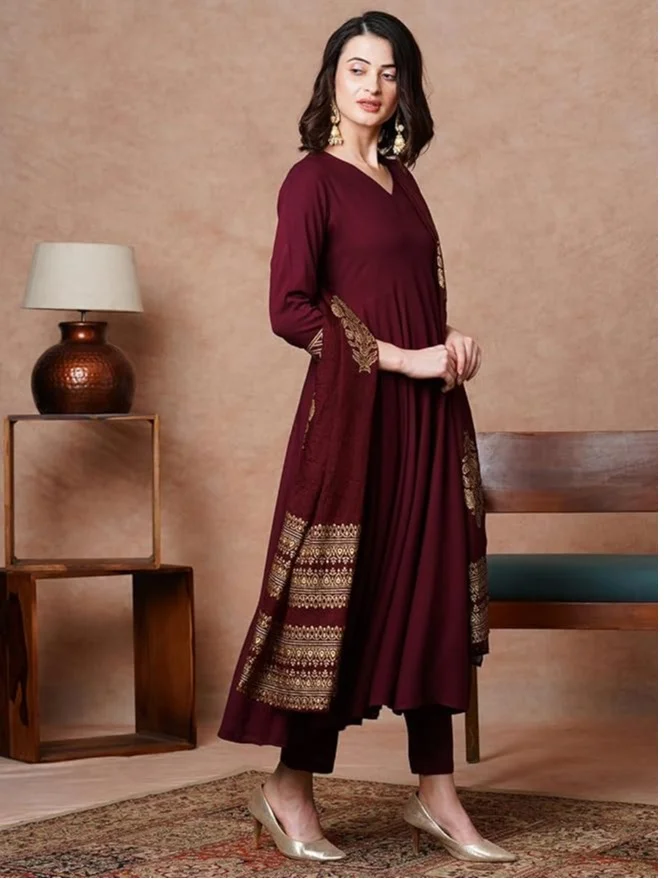 GoSriKi Wine GoSriKi Women's Rayon Blend Solid Anarkali Kurta with Pant & Dupatta (MAGIC-WINE-NDM-GS_4XL_Wine_XXXX-Large) for Women | Best Price UAE