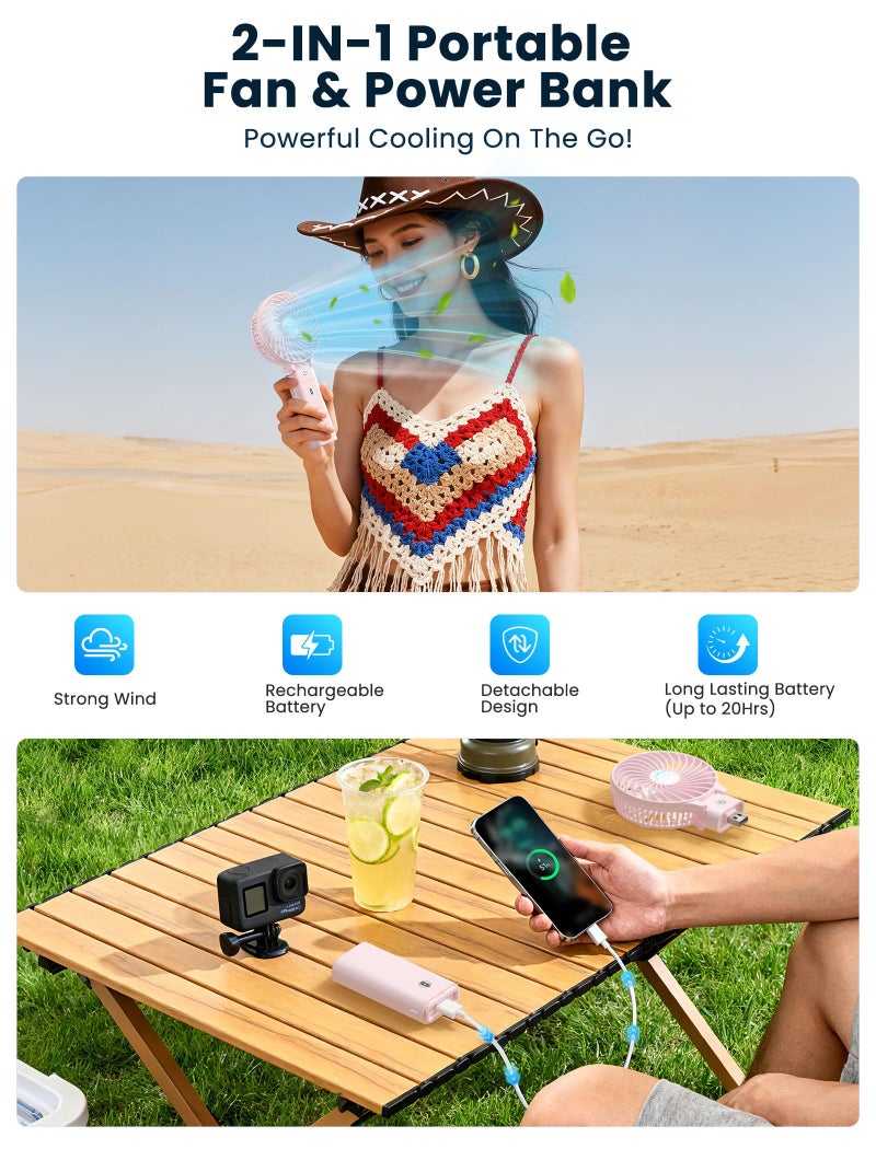 HandFan 5200mAh Handheld Fan Rechargeable, 20H Runtime Hand Fan, 3 Speeds Strong Airflow, Personal 180Â° Foldable Portable Fans for Travel/Summer/Concerts/Lash/Commute, Gifts for Women (Cherry Pink) - Image 2