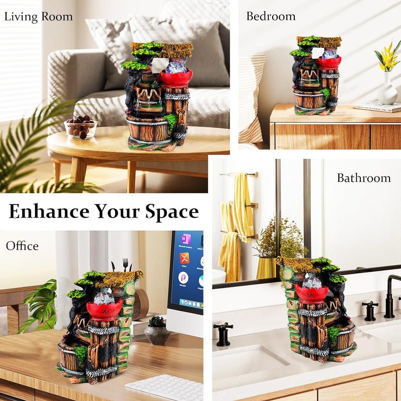 Go Hooked نافورة شلال من بولي ريزين مع أضواء LED وتحكم في سرعة التدفق قابلة للتعديل لغرفة المعيشة، غرفة النوم والمكتب 25.5 سم | تخفيف التوتر وزينة الطاقة الإيجابية | نافورة مائية على الطاولة (GHF318) - Image 4