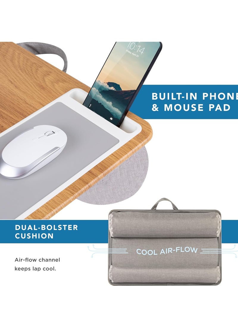 ELTRAZONE Ergonomic Home Office Lap Desk with Wrist Rest, Built-in Mouse Pad and Phone Holder – Portable Oak Woodgrain Desk for Laptops up to 15.6 Inches – Comfortable Cushion Tray for Bed, Sofa, Travel or Remote Work – Durable and Stylish Design - Image 4