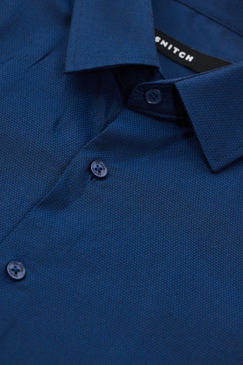 SNITCH Navy Textured Long Sleeve Slim Fit Formal Shirt