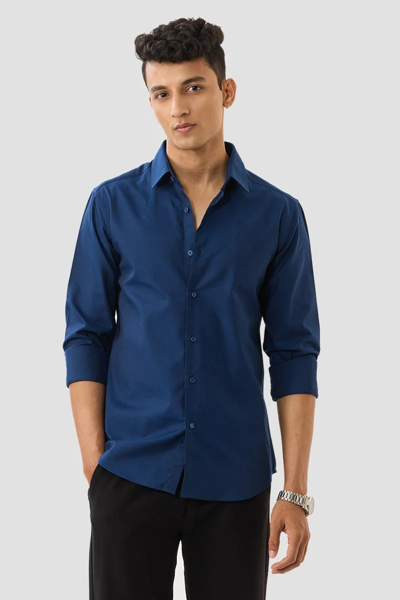 SNITCH Navy Textured Long Sleeve Slim Fit Formal Shirt
