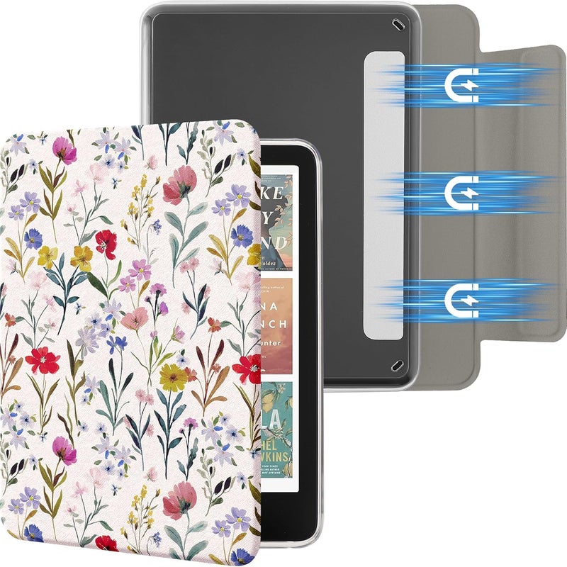 SESENSE Detachable Magnetic Case for 7'' Kindle Paperwhite 12th Gen 2024 and Kindle Colorsoft Signature Edition, Slim PU Shell Cover Case with Auto Wake/Sleep, Flowers - Image 1