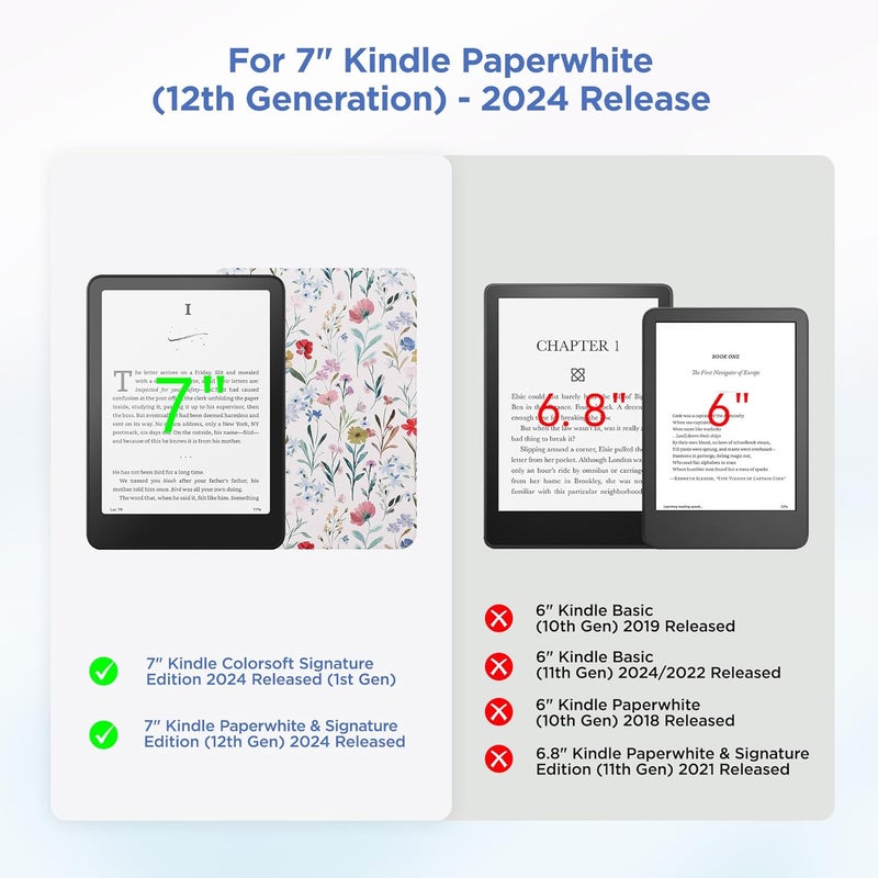 SESENSE Detachable Magnetic Case for 7'' Kindle Paperwhite 12th Gen 2024 and Kindle Colorsoft Signature Edition, Slim PU Shell Cover Case with Auto Wake/Sleep, Flowers - Image 2