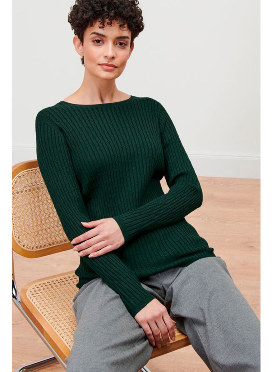 Tchibo Women Bateau Neck Textured Sweater, Dark Green  - Image 1