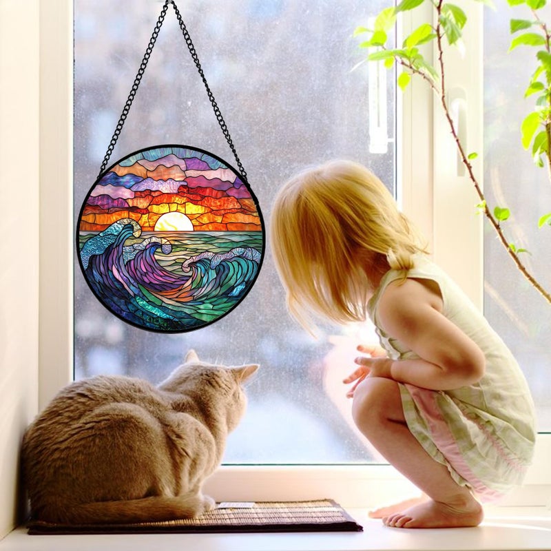 DASTOLL Stained Glass Window Hanging, Clouds and Sea Waves Suncatcher Diamond Glass Panel Hangings Scenery Sun Catchers Decor for Birthday for Women, Men, Wife, Aunt, and Mom 7.8 in - Image 4