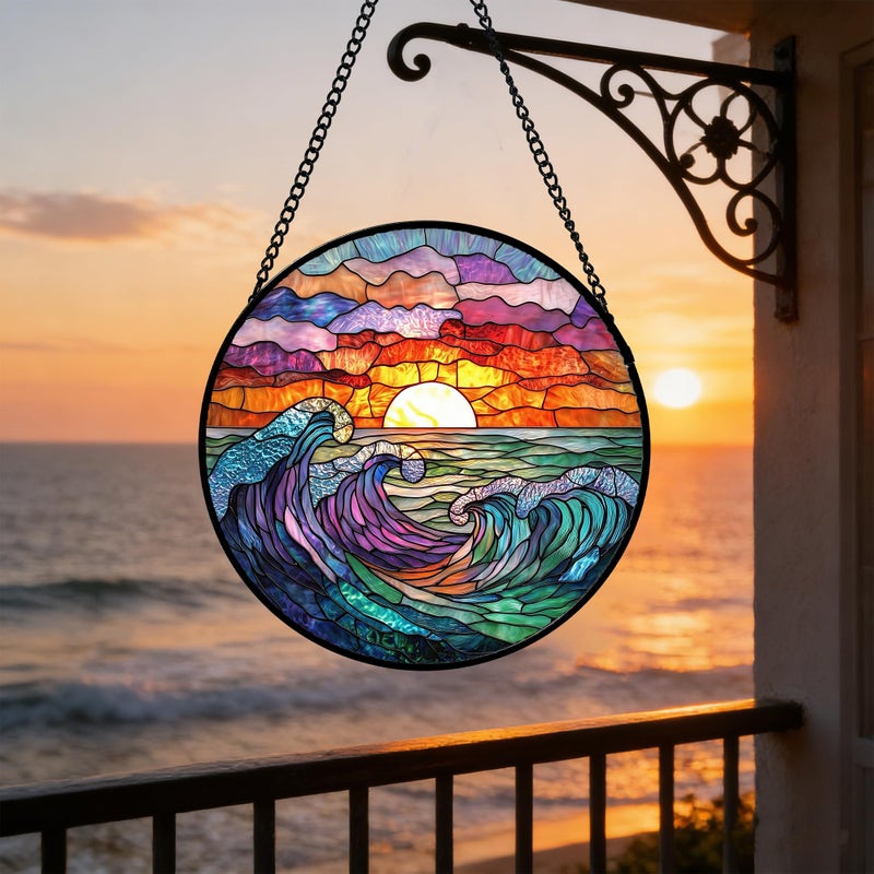 DASTOLL Stained Glass Window Hanging, Clouds and Sea Waves Suncatcher Diamond Glass Panel Hangings Scenery Sun Catchers Decor for Birthday for Women, Men, Wife, Aunt, and Mom 7.8 in - Image 2