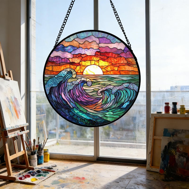 DASTOLL Stained Glass Window Hanging, Clouds and Sea Waves Suncatcher Diamond Glass Panel Hangings Scenery Sun Catchers Decor for Birthday for Women, Men, Wife, Aunt, and Mom 7.8 in - Image 3