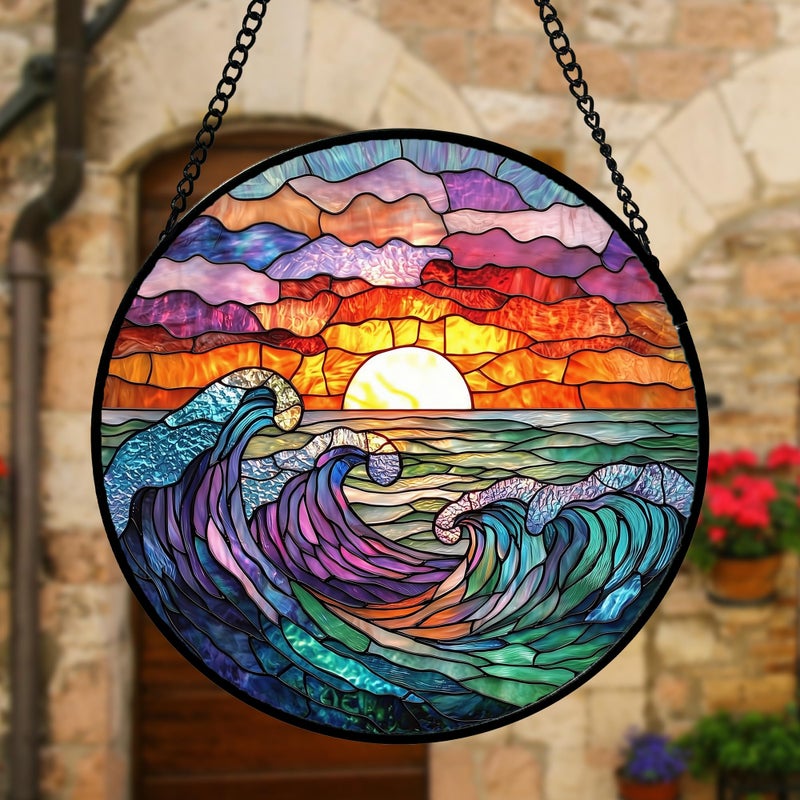 DASTOLL Stained Glass Window Hanging, Clouds and Sea Waves Suncatcher Diamond Glass Panel Hangings Scenery Sun Catchers Decor for Birthday for Women, Men, Wife, Aunt, and Mom 7.8 in - Image 5