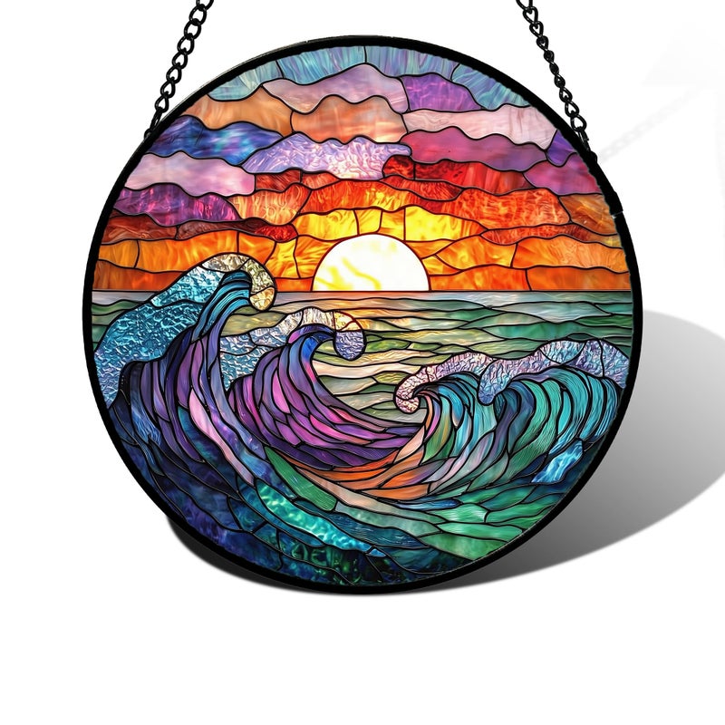 DASTOLL Stained Glass Window Hanging, Clouds and Sea Waves Suncatcher Diamond Glass Panel Hangings Scenery Sun Catchers Decor for Birthday for Women, Men, Wife, Aunt, and Mom 7.8 in - Image 1