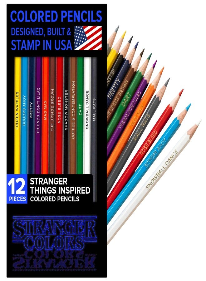 Pun Labs Stranger Things Colors Colored Pencils - 12 Stranger Things-Inspired Parody Pencil set with Clever Foil-Stamped Names, Soft Core Colored Pencils for Drawing, Coloring Books & Journals - Image 1