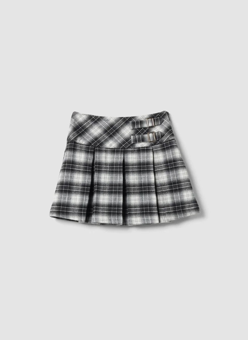 او في اس OVS Black checked stretch viscose skirt with double buckle