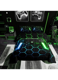 Erosebridal Gamer Comforter Sets for Boys Gaming Bedding Sets All Season, Glitter Geometric Honeycomb Hexagon Down Comforter Full Bedroom Decor, Neon Light Game Console Quilted Duvet + 2 Pillowcases, Blue Green  - Image 1