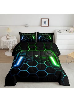 Erosebridal Gamer Comforter Sets for Boys Gaming Bedding Sets All Season, Glitter Geometric Honeycomb Hexagon Down Comforter Full Bedroom Decor, Neon Light Game Console Quilted Duvet + 2 Pillowcases, Blue Green  - Image 2